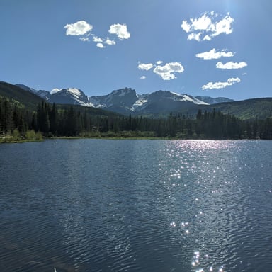 Sprague Lake at Rocky Mountain National Park with mountain peaks reflected in calm water