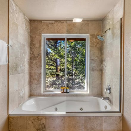 Pine Ace soaking tub with forest view through the window
